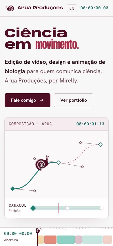 Página inicial da Aruá Produções em tela de celular