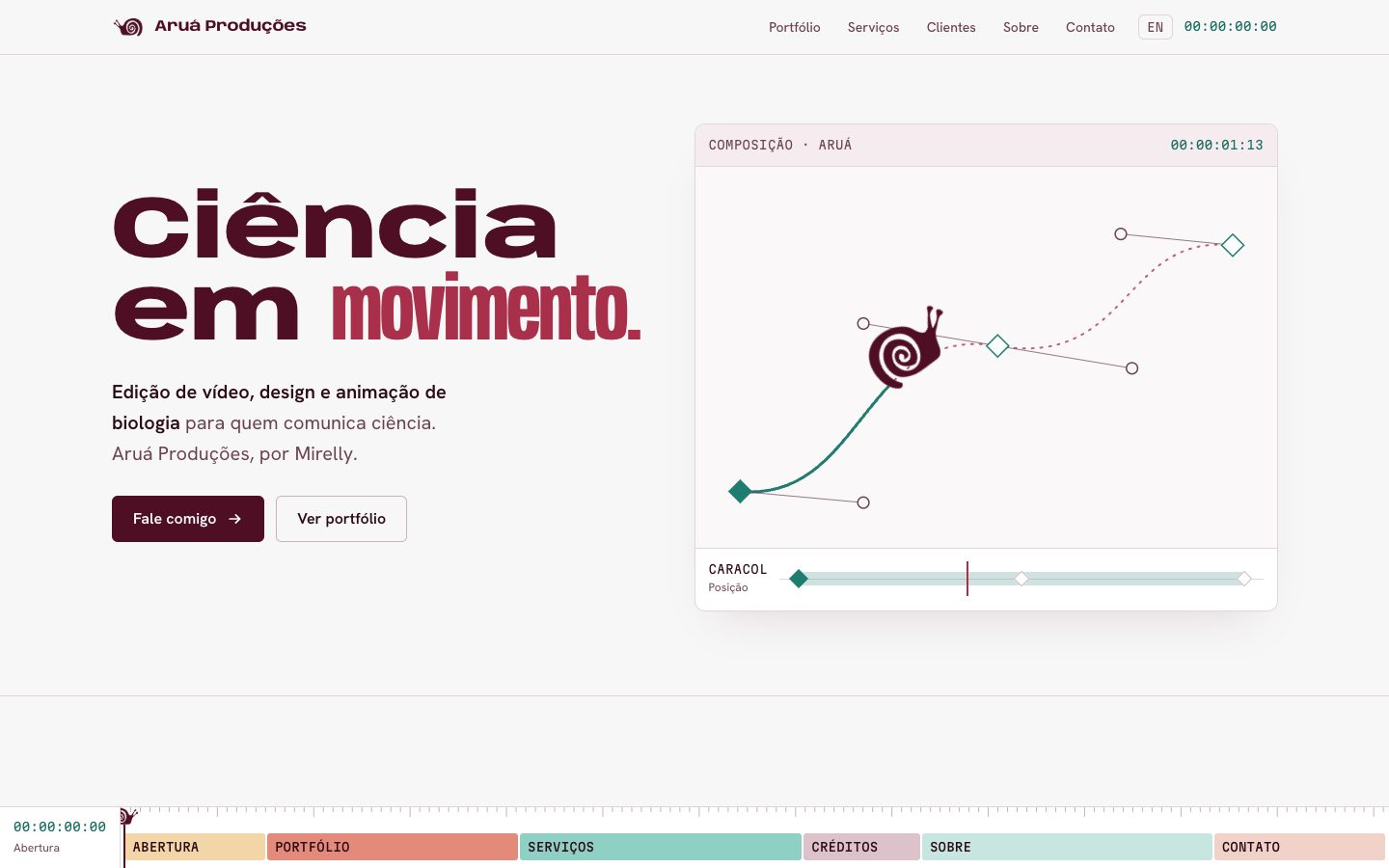 Aruá Produções homepage with the headline Science in motion and an animated timeline