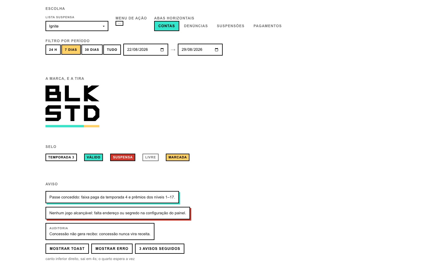 Brand, badges, filters and notices from the Blackstudio design system