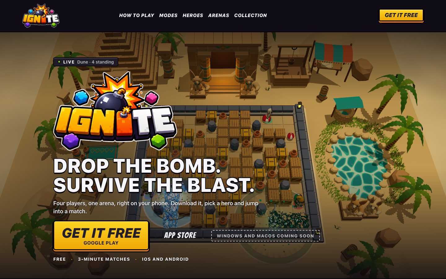 Ignite homepage with the game arena in the background and a download button